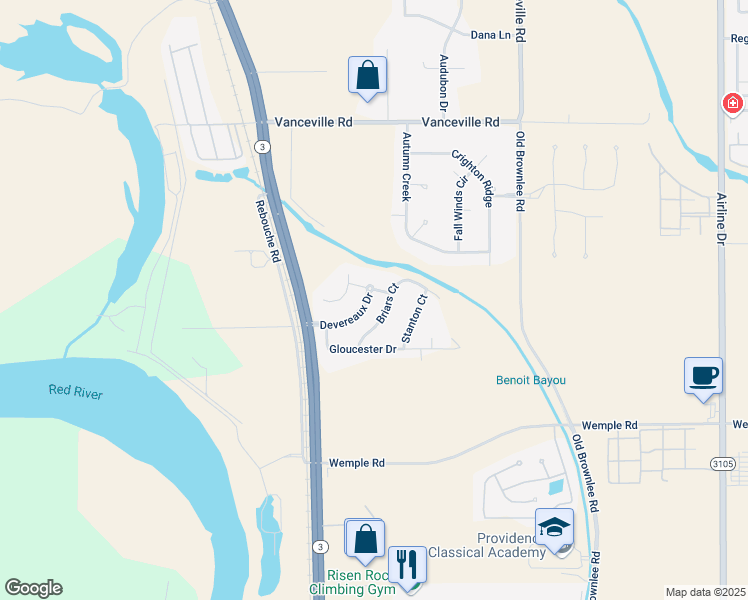 map of restaurants, bars, coffee shops, grocery stores, and more near 126 Devereaux Drive in Bossier City