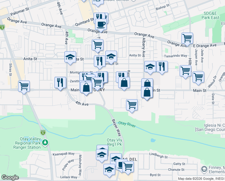 map of restaurants, bars, coffee shops, grocery stores, and more near 3288 Main Street in Chula Vista