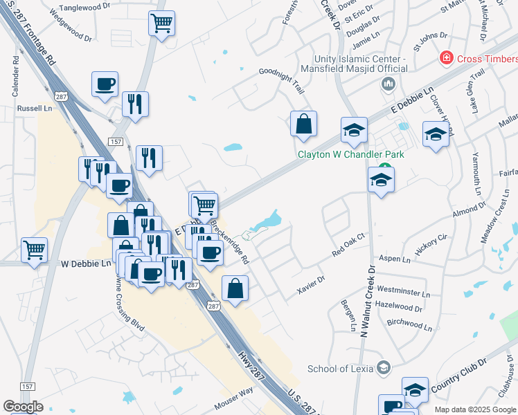 map of restaurants, bars, coffee shops, grocery stores, and more near 250 East Debbie Lane in Mansfield