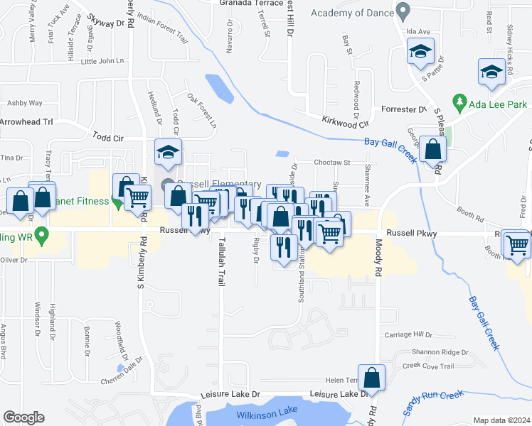 map of restaurants, bars, coffee shops, grocery stores, and more near 105 Wood Street in Warner Robins