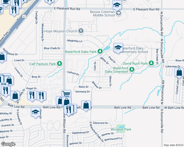 map of restaurants, bars, coffee shops, grocery stores, and more near 1113 Parker Court in Cedar Hill