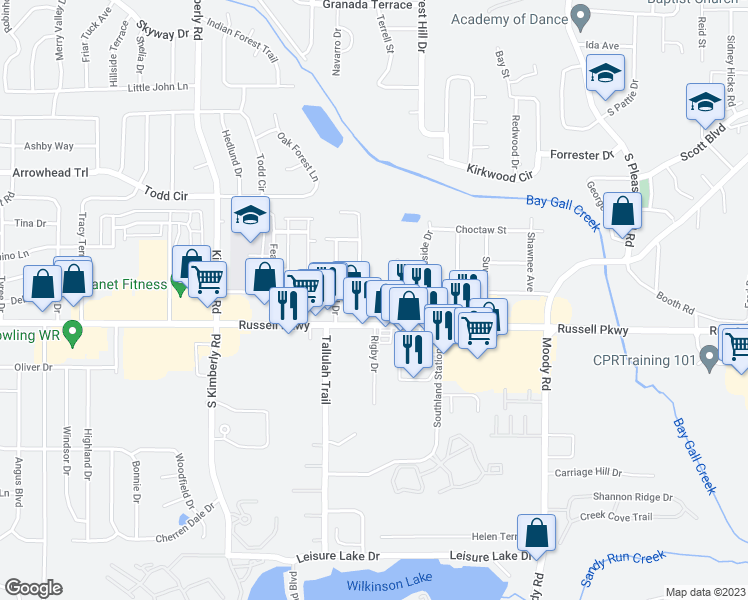 map of restaurants, bars, coffee shops, grocery stores, and more near 105 Wood Street in Warner Robins