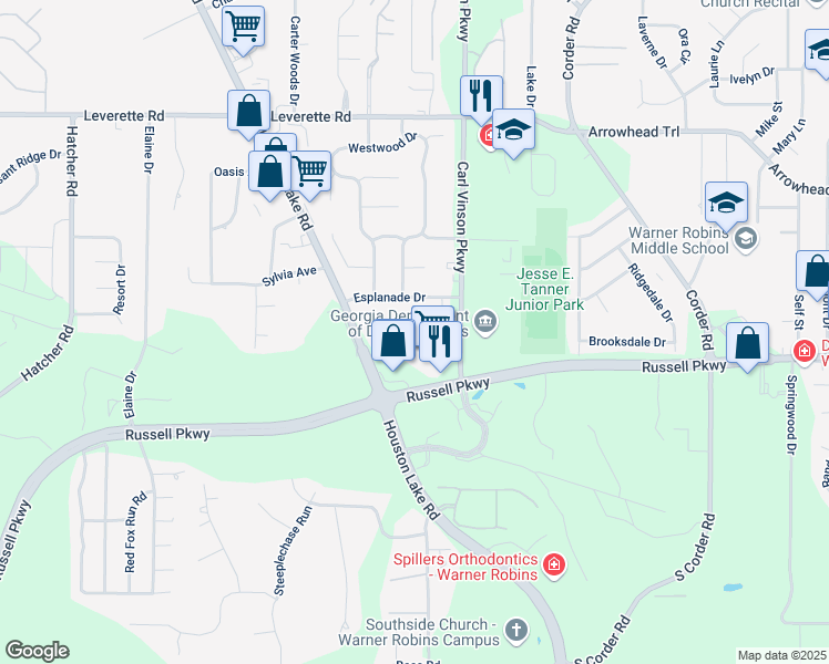 map of restaurants, bars, coffee shops, grocery stores, and more near 200 Engracia Drive in Warner Robins