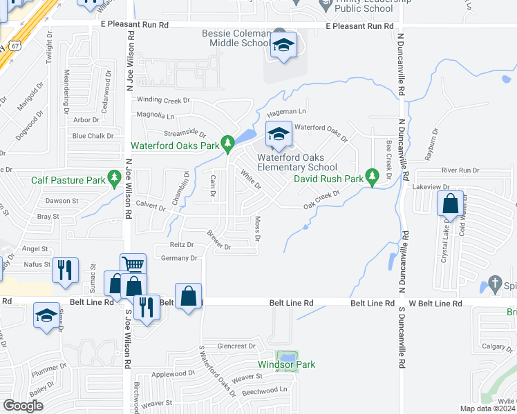 map of restaurants, bars, coffee shops, grocery stores, and more near 1214 Calvert Drive in Cedar Hill