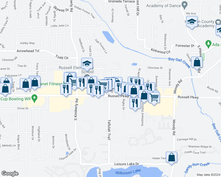 map of restaurants, bars, coffee shops, grocery stores, and more near 106 Hazel Drive in Warner Robins