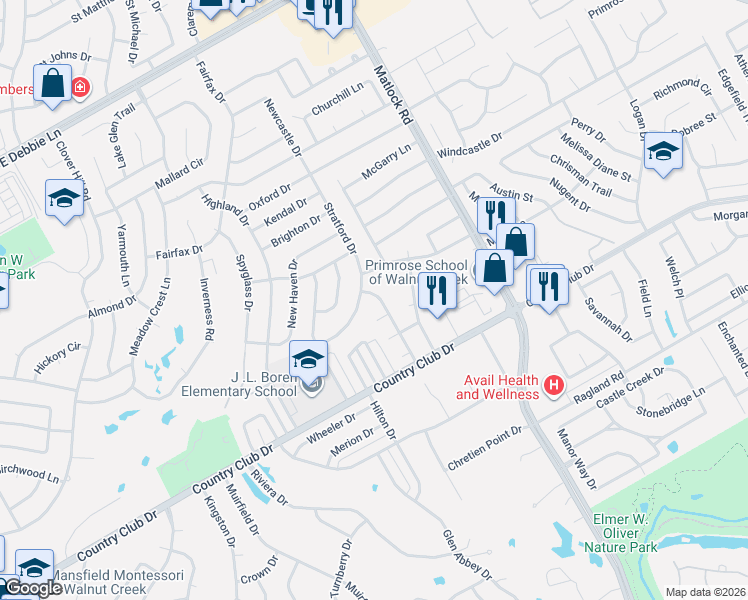 map of restaurants, bars, coffee shops, grocery stores, and more near 1214 Eastfield Drive in Mansfield