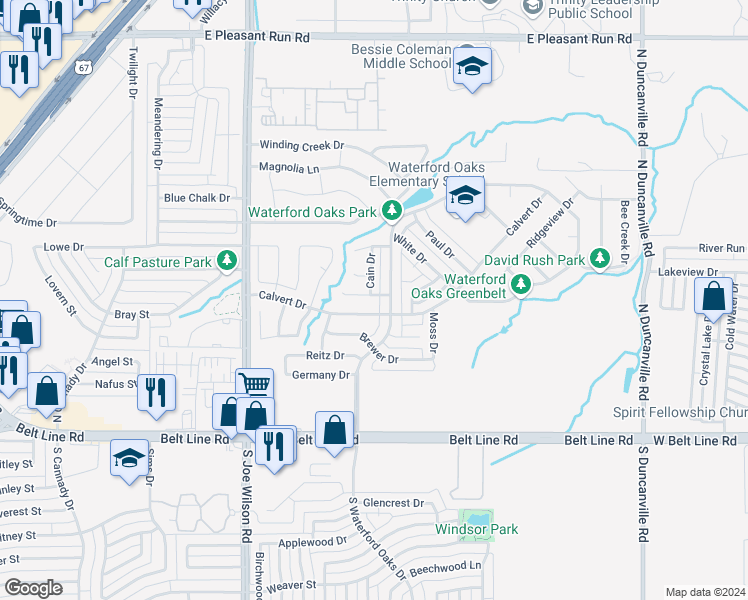 map of restaurants, bars, coffee shops, grocery stores, and more near 1121 Parker Court in Cedar Hill