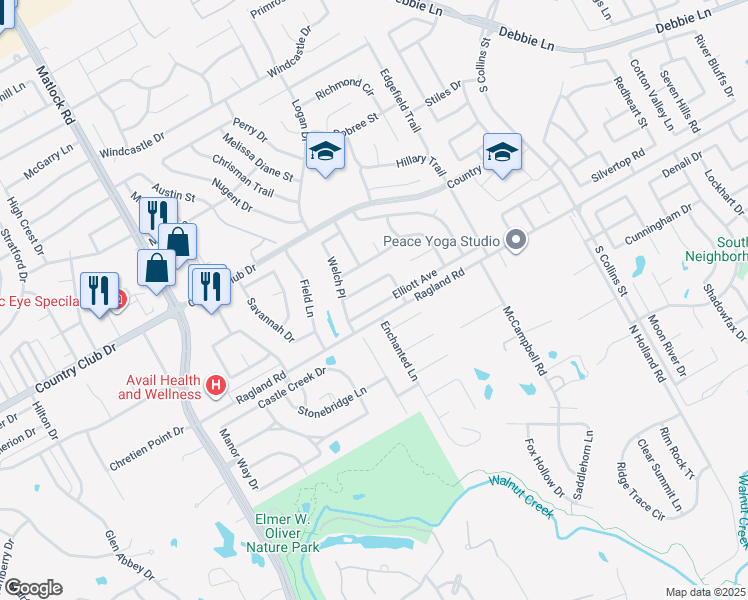 map of restaurants, bars, coffee shops, grocery stores, and more near 2406 Page Place in Mansfield