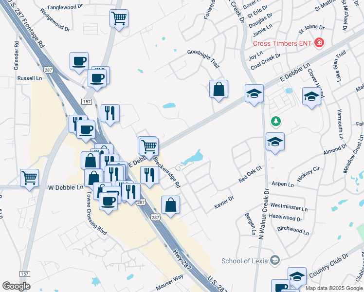 map of restaurants, bars, coffee shops, grocery stores, and more near 250 East Debbie Lane in Mansfield