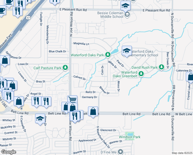 map of restaurants, bars, coffee shops, grocery stores, and more near 1107 Parker Court in Cedar Hill