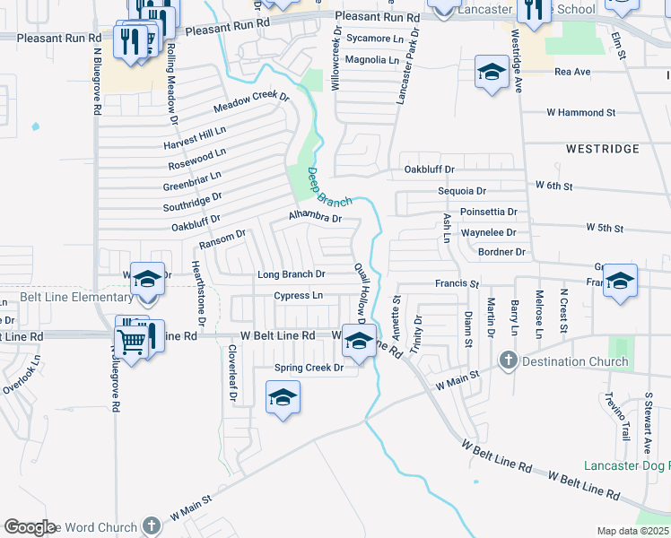 map of restaurants, bars, coffee shops, grocery stores, and more near 1219 Long Branch Drive in Lancaster