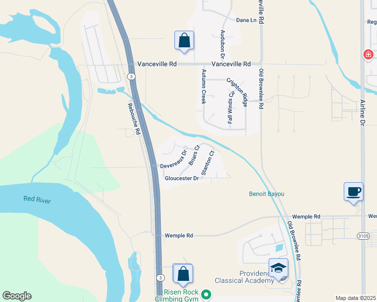 map of restaurants, bars, coffee shops, grocery stores, and more near 126 Devereaux Drive in Bossier City