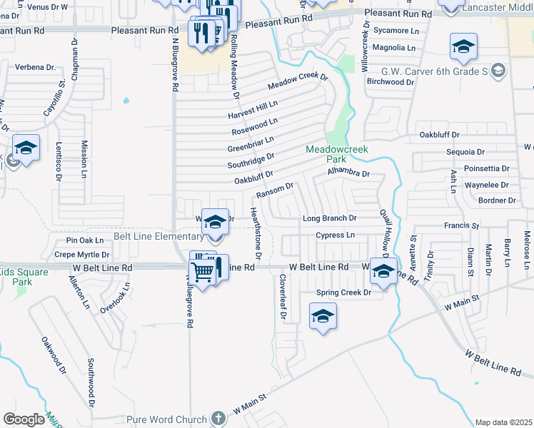 map of restaurants, bars, coffee shops, grocery stores, and more near 607 Rolling Meadow Drive in Lancaster