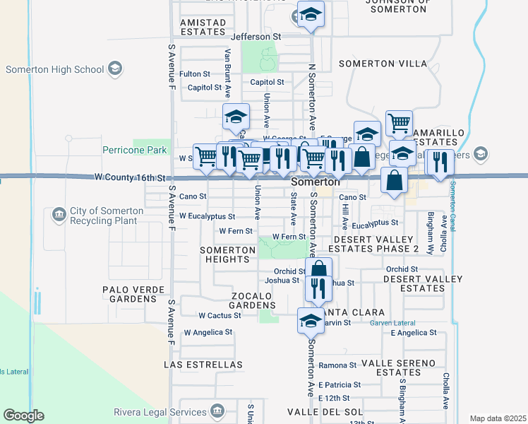 map of restaurants, bars, coffee shops, grocery stores, and more near 242-304 Eucalyptus St in Somerton
