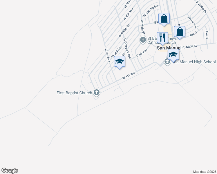 map of restaurants, bars, coffee shops, grocery stores, and more near 1013 West 1st Avenue in San Manuel