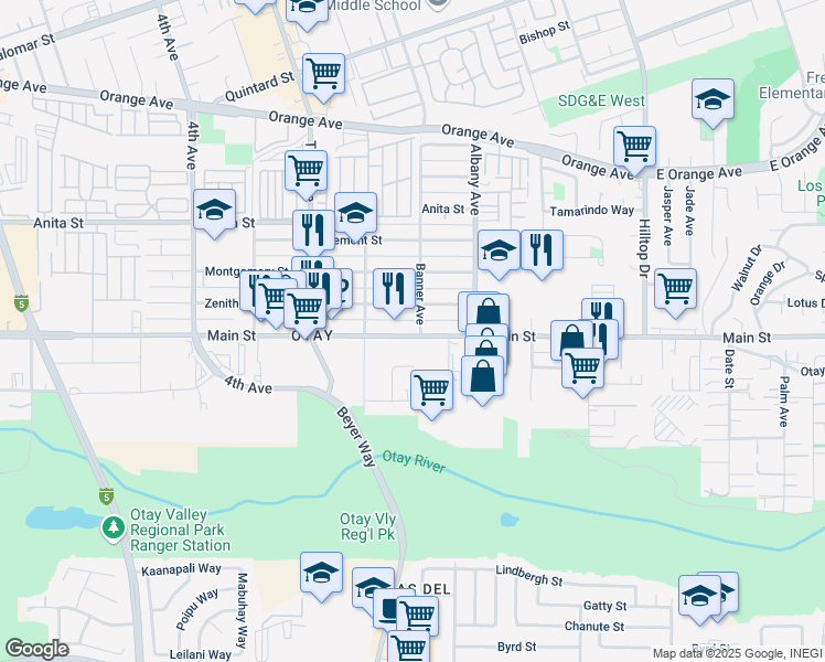 map of restaurants, bars, coffee shops, grocery stores, and more near 1679 Banner Avenue in Chula Vista
