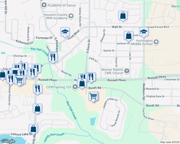 map of restaurants, bars, coffee shops, grocery stores, and more near 109 Smith Court in Warner Robins