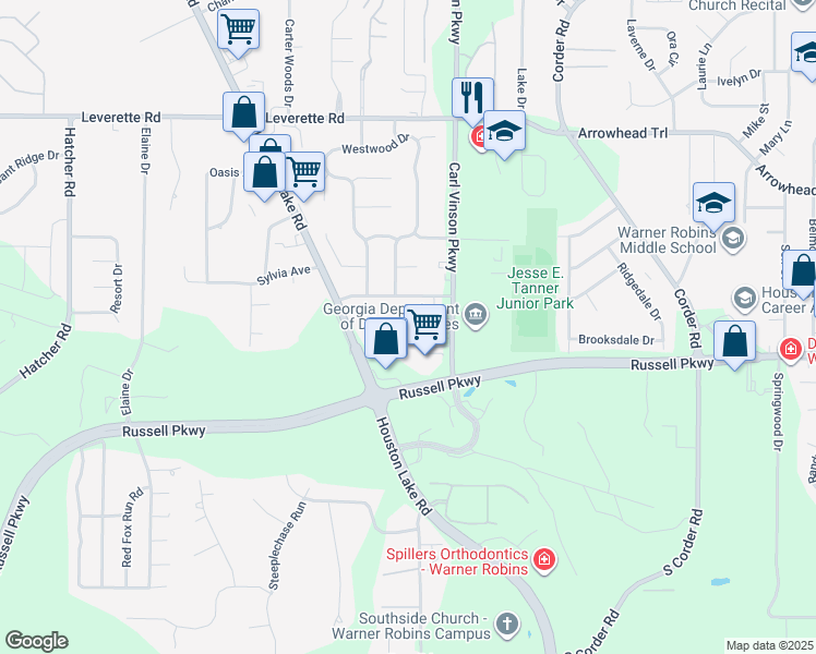 map of restaurants, bars, coffee shops, grocery stores, and more near 200 Engracia Drive in Warner Robins
