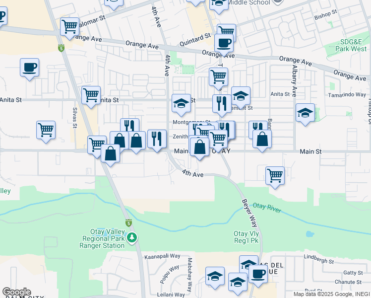 map of restaurants, bars, coffee shops, grocery stores, and more near 3064 Main Street in Chula Vista