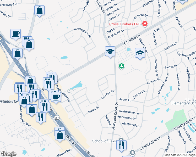 map of restaurants, bars, coffee shops, grocery stores, and more near 903 Shannon Creek Road in Mansfield