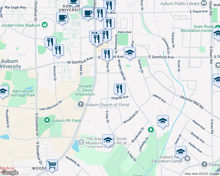 map of restaurants, bars, coffee shops, grocery stores, and more near 551 South Gay Street in Auburn