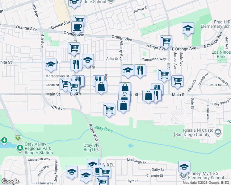 map of restaurants, bars, coffee shops, grocery stores, and more near 3460 Main Street in Chula Vista