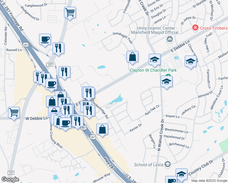 map of restaurants, bars, coffee shops, grocery stores, and more near 250 East Debbie Lane in Mansfield
