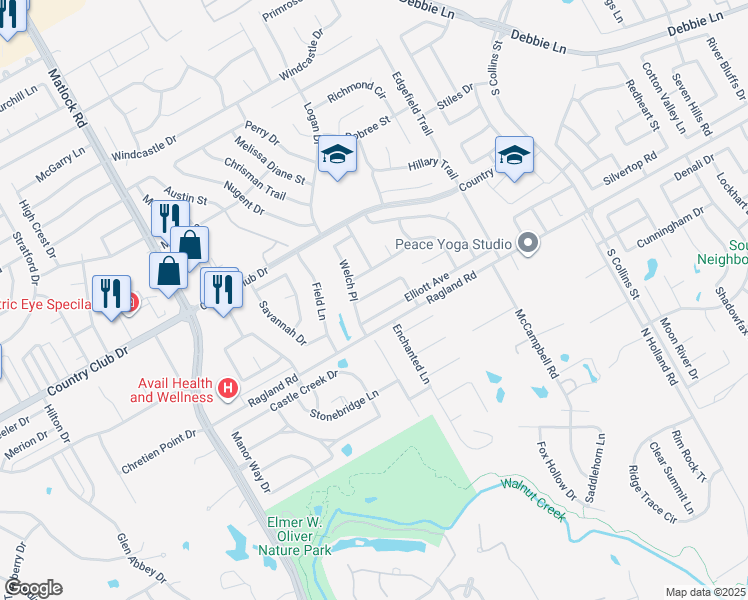 map of restaurants, bars, coffee shops, grocery stores, and more near 2406 Page Place in Mansfield