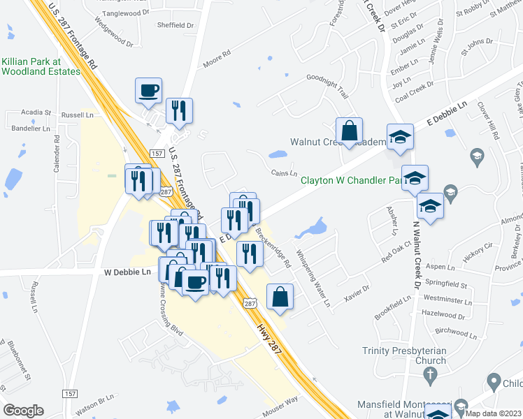 map of restaurants, bars, coffee shops, grocery stores, and more near 2100 Harvest Way in Mansfield