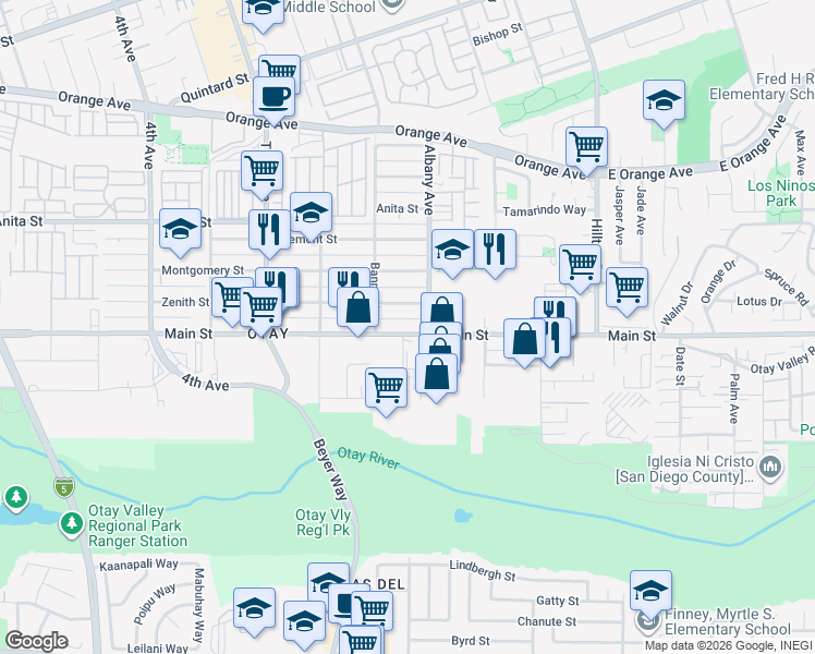 map of restaurants, bars, coffee shops, grocery stores, and more near 3460 Main Street in Chula Vista