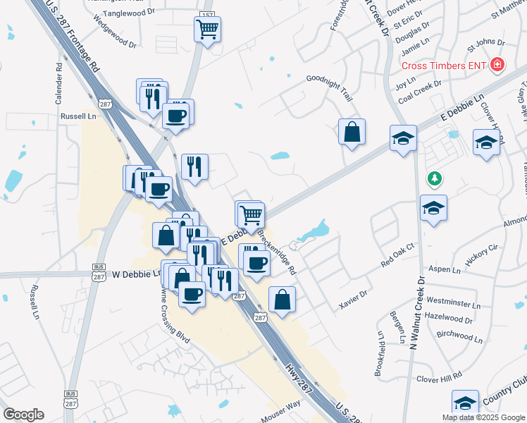 map of restaurants, bars, coffee shops, grocery stores, and more near 2100 Harvest Way in Mansfield