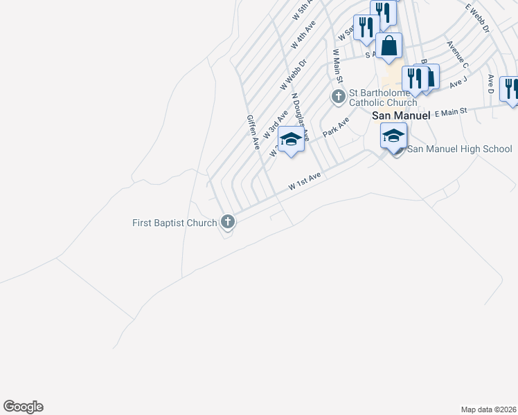 map of restaurants, bars, coffee shops, grocery stores, and more near 1013 West 1st Avenue in San Manuel