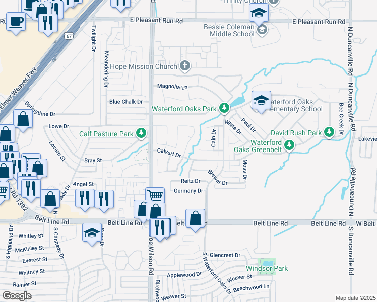 map of restaurants, bars, coffee shops, grocery stores, and more near 207 Chamblin Drive in Cedar Hill