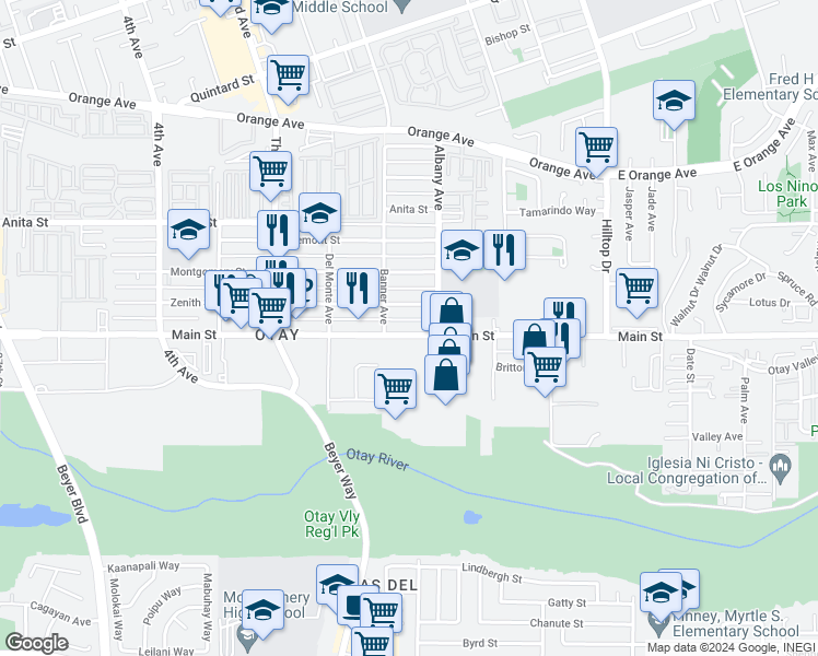 map of restaurants, bars, coffee shops, grocery stores, and more near 3444 Main Street in Chula Vista