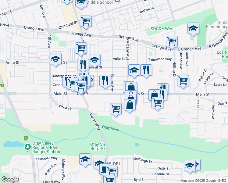 map of restaurants, bars, coffee shops, grocery stores, and more near 1679 Banner Avenue in Chula Vista