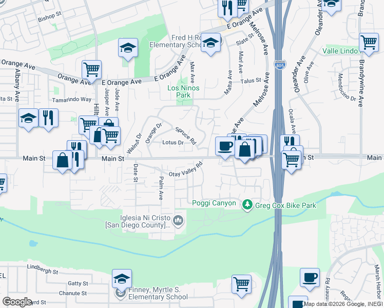 map of restaurants, bars, coffee shops, grocery stores, and more near 1694 Derek Way in Chula Vista
