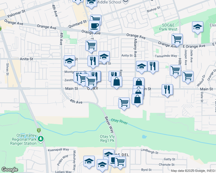 map of restaurants, bars, coffee shops, grocery stores, and more near 3308 Main Street in Chula Vista