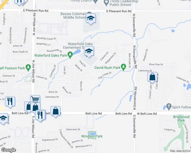map of restaurants, bars, coffee shops, grocery stores, and more near 619 Oak Creek Drive in Cedar Hill