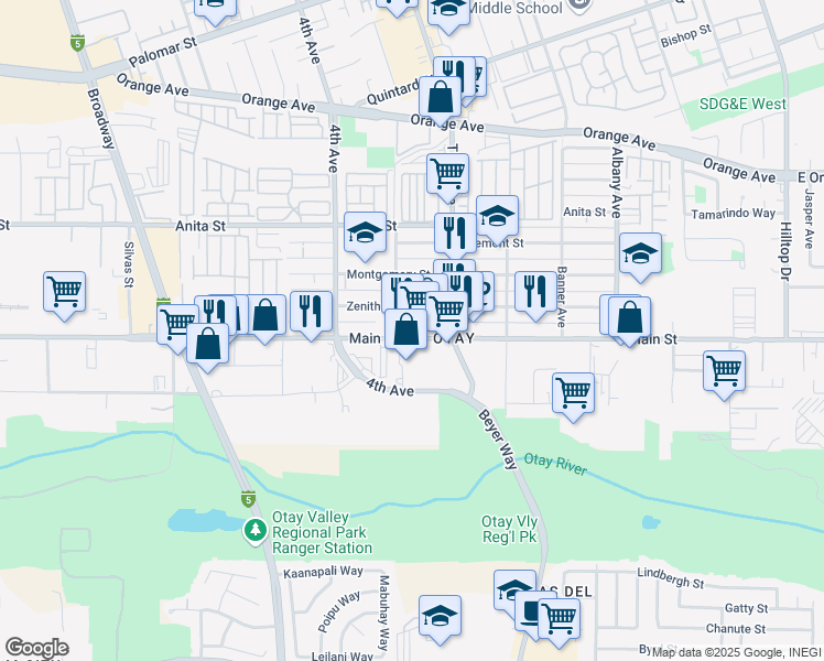 map of restaurants, bars, coffee shops, grocery stores, and more near 3132 Main Street in Chula Vista