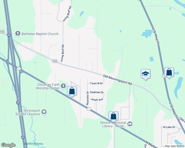 map of restaurants, bars, coffee shops, grocery stores, and more near 5125 Old Mooringsport Road in Shreveport