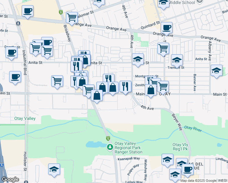 map of restaurants, bars, coffee shops, grocery stores, and more near 2864 Main Street in Chula Vista