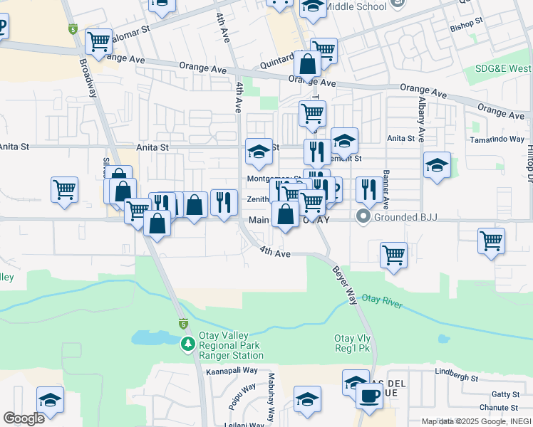 map of restaurants, bars, coffee shops, grocery stores, and more near 3064 Main Street in Chula Vista