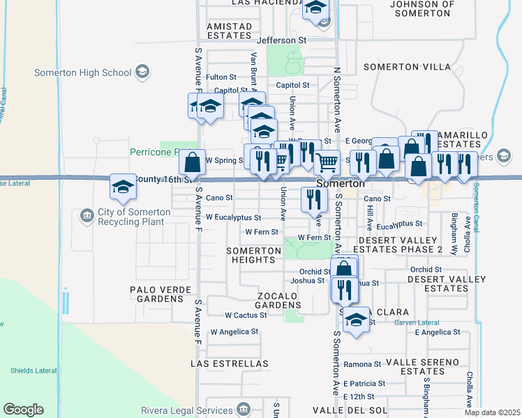 map of restaurants, bars, coffee shops, grocery stores, and more near 436 Eucalyptus Alley in Somerton
