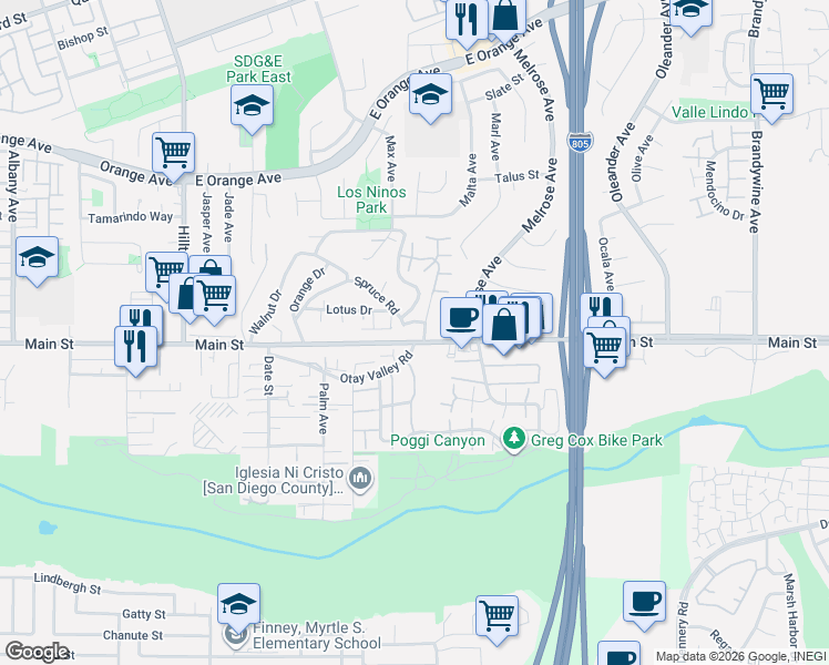 map of restaurants, bars, coffee shops, grocery stores, and more near 1675 Maple Drive in Chula Vista
