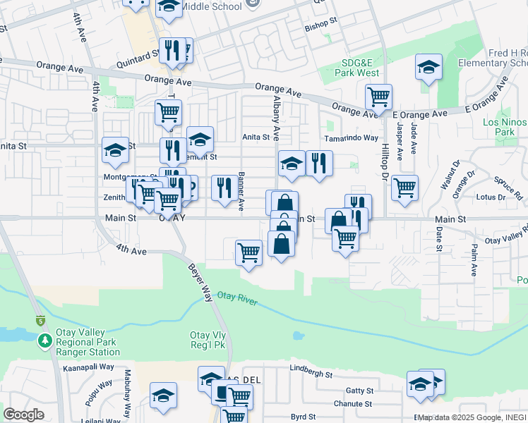 map of restaurants, bars, coffee shops, grocery stores, and more near 3490 Main Street in Chula Vista
