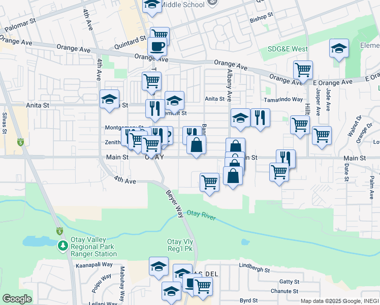 map of restaurants, bars, coffee shops, grocery stores, and more near 3342 Main Street in Chula Vista