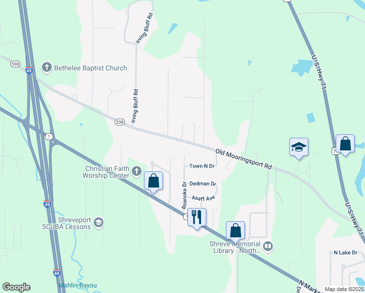 map of restaurants, bars, coffee shops, grocery stores, and more near 5125 Old Mooringsport Road in Shreveport