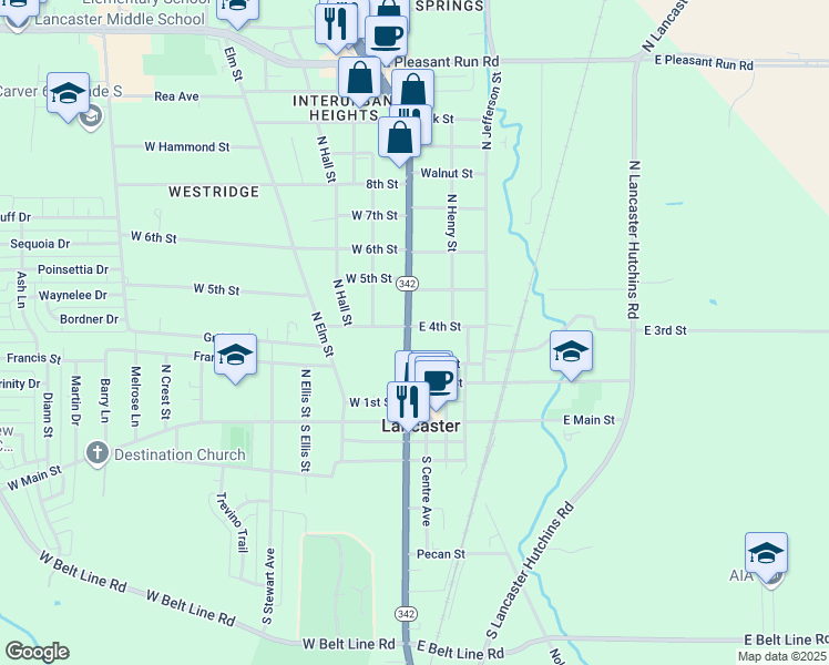 map of restaurants, bars, coffee shops, grocery stores, and more near 428 North Dallas Avenue in Lancaster
