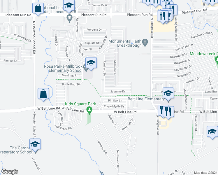 map of restaurants, bars, coffee shops, grocery stores, and more near 1934 Cross Oaks Drive in Lancaster