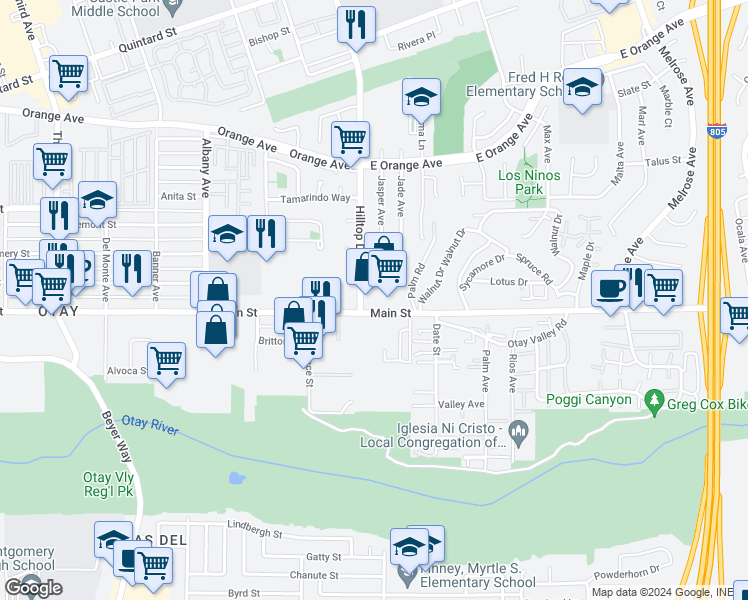 map of restaurants, bars, coffee shops, grocery stores, and more near 3800 Main Street in Chula Vista